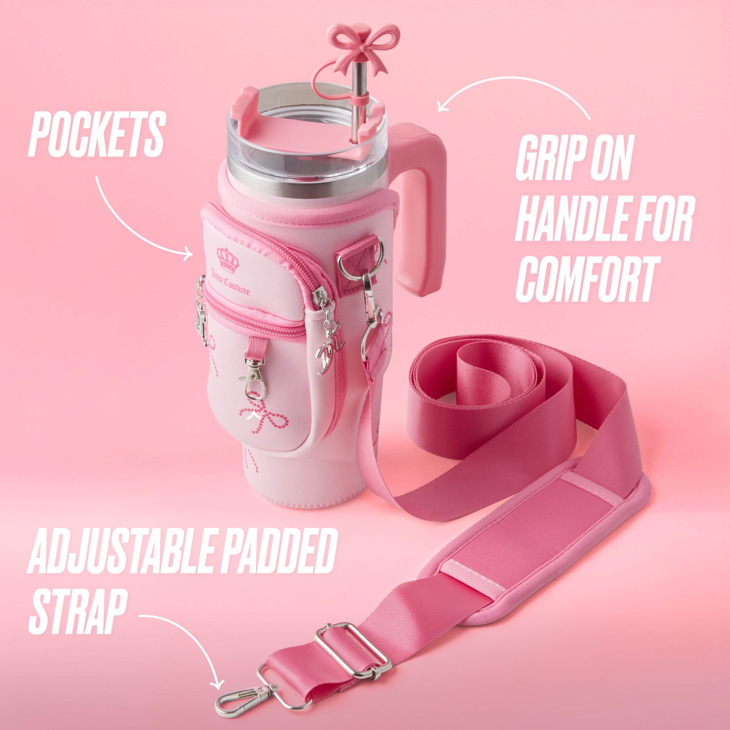 Jetsetter Hydration Stainless Steel Tumbler with Handle. Straw & Topper with Neoprene Crossbody Pouch - Image 3