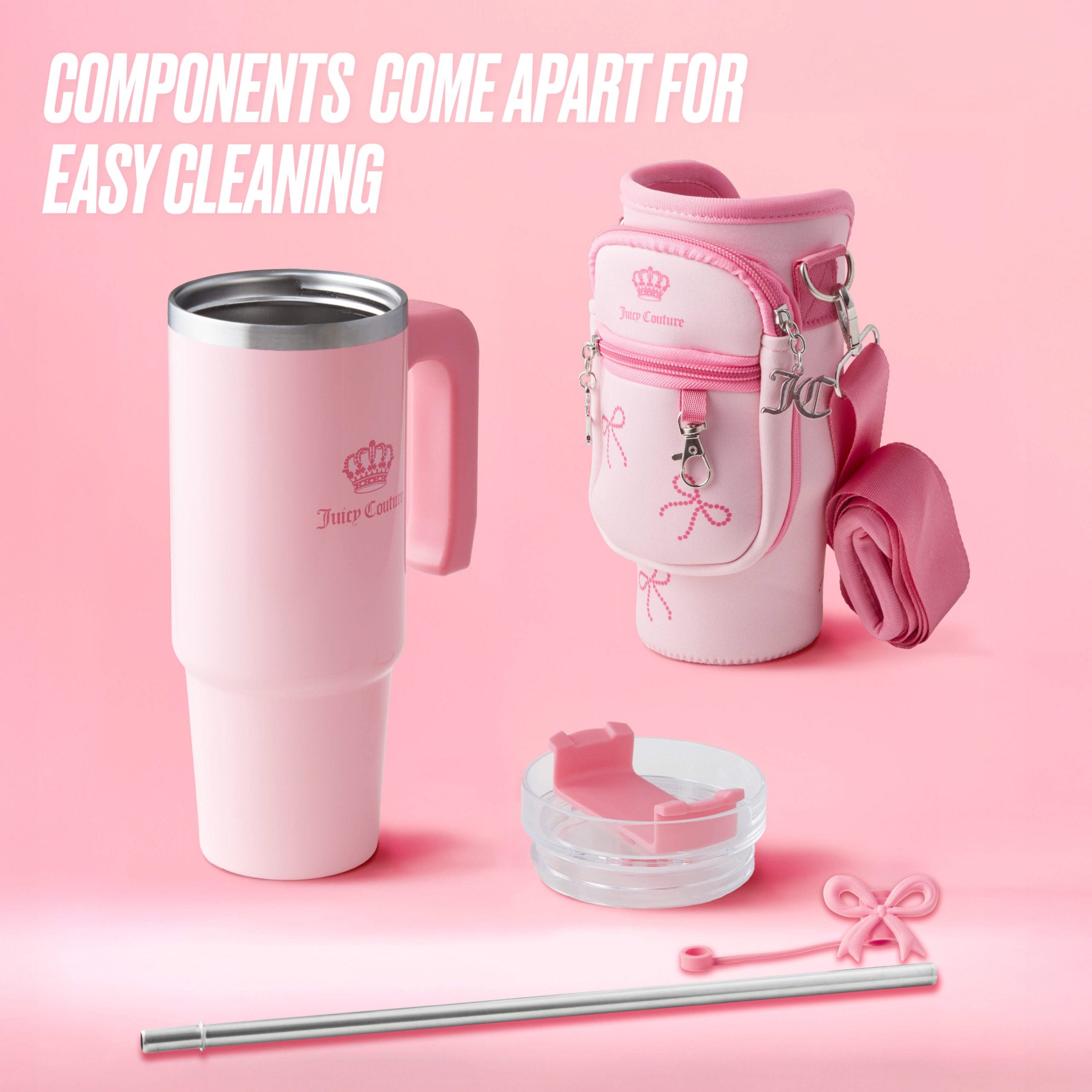 Jetsetter Hydration Stainless Steel Tumbler with Handle. Straw & Topper with Neoprene Crossbody Pouch - Image 4