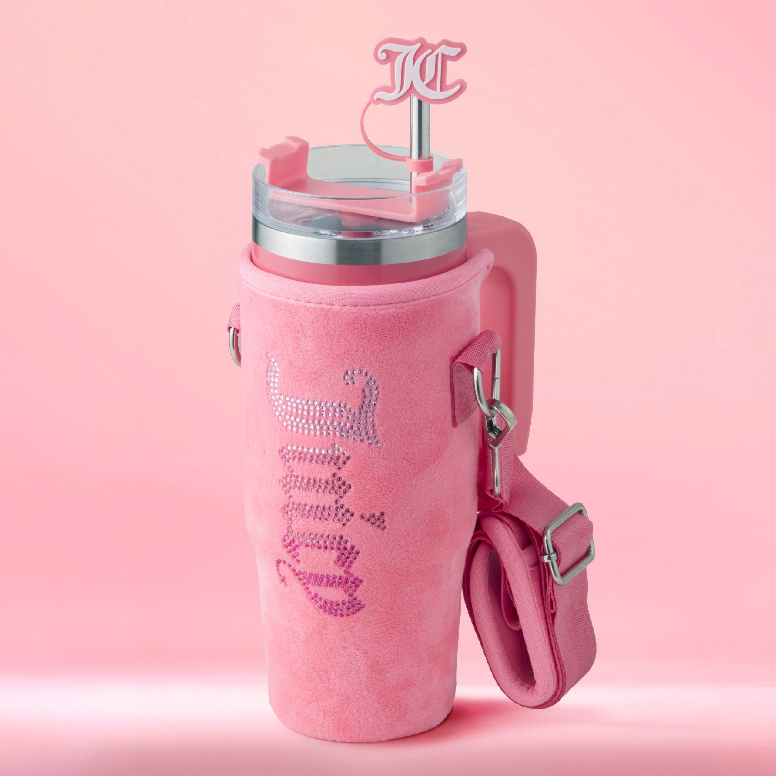 Jetsetter Hydration Stainless Steel Tumbler with Handle. Straw & Topper with Velour Crossbody Pouch