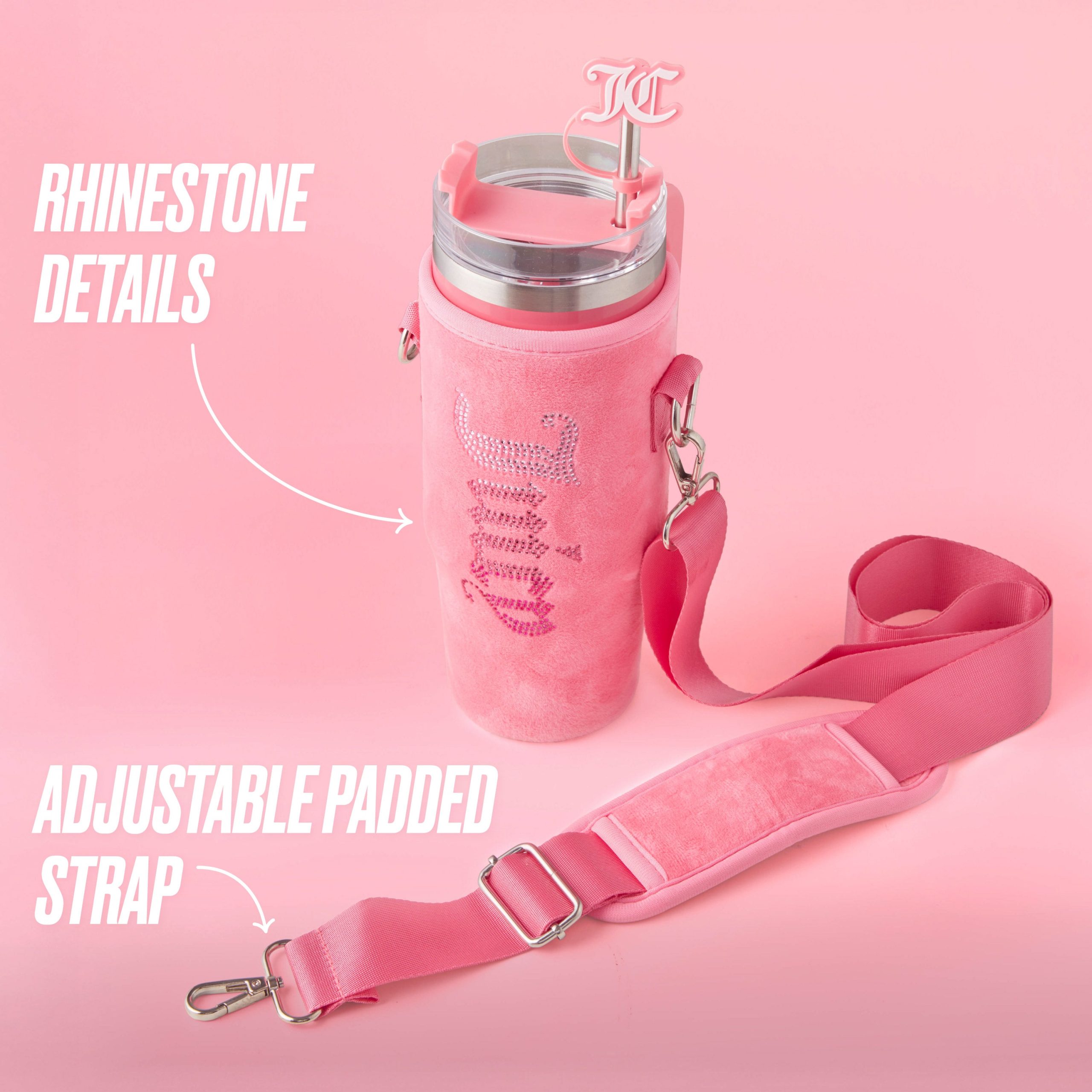 Jetsetter Hydration Stainless Steel Tumbler with Handle. Straw & Topper with Velour Crossbody Pouch - Image 3