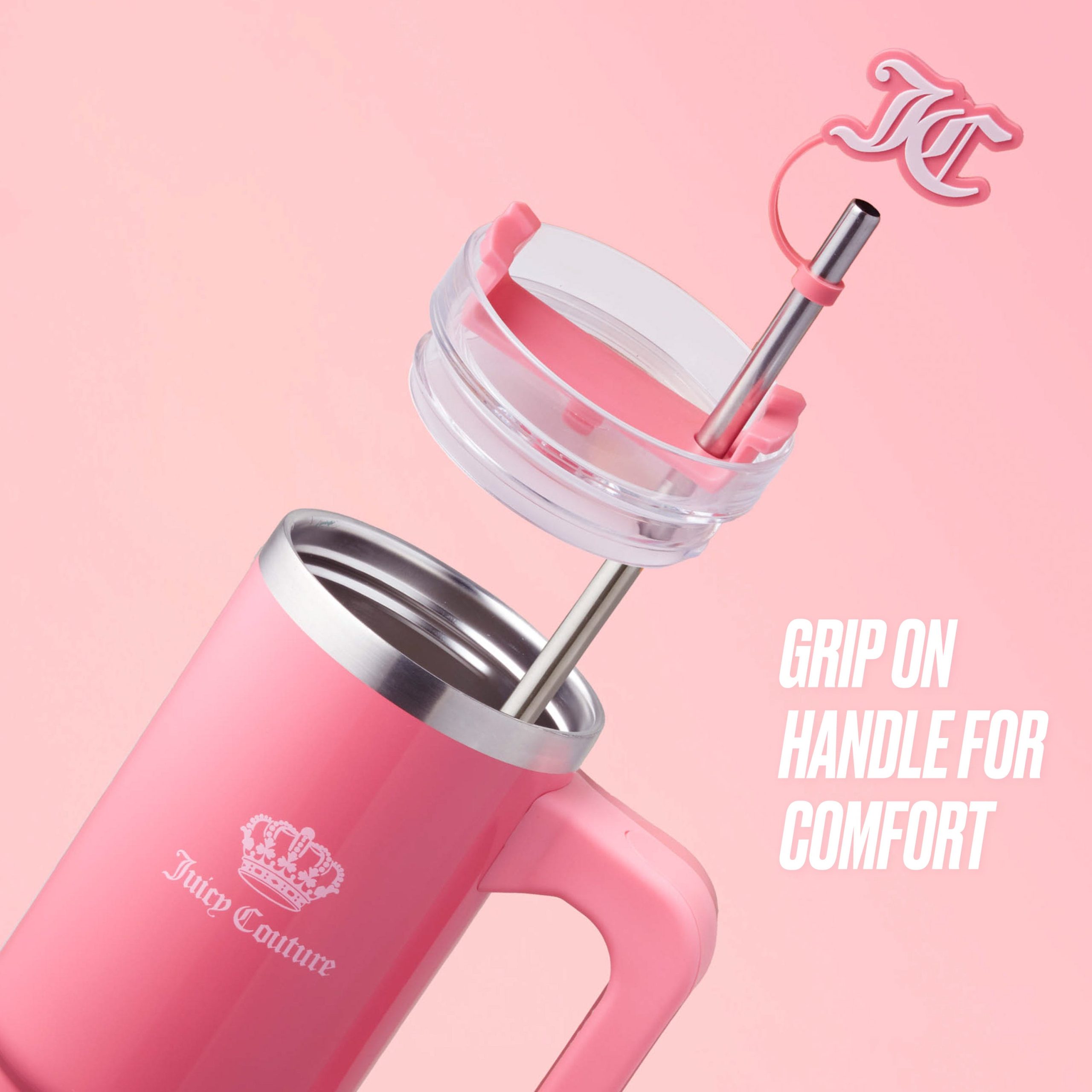 Jetsetter Hydration Stainless Steel Tumbler with Handle. Straw & Topper with Velour Crossbody Pouch - Image 4