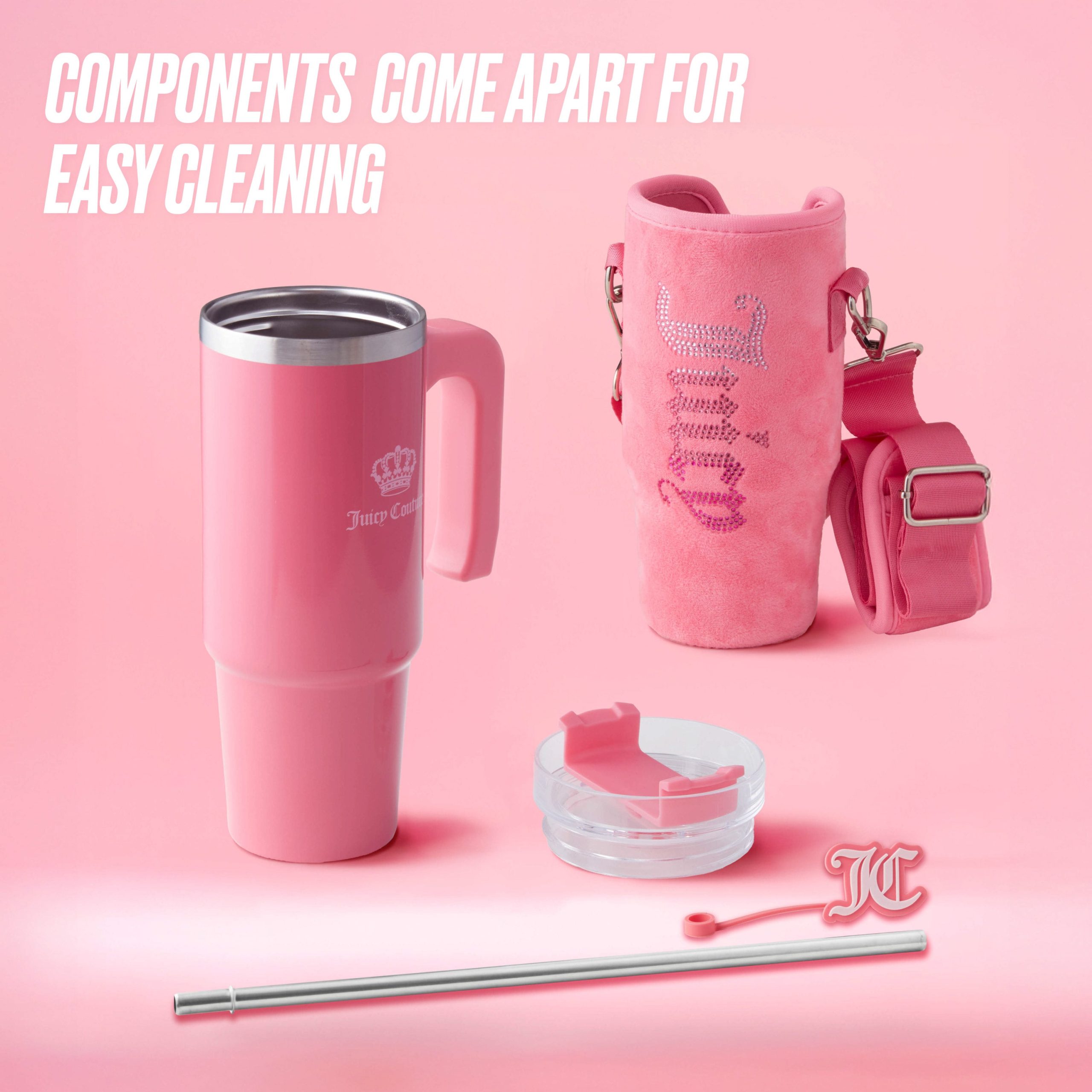 Jetsetter Hydration Stainless Steel Tumbler with Handle. Straw & Topper with Velour Crossbody Pouch - Image 5
