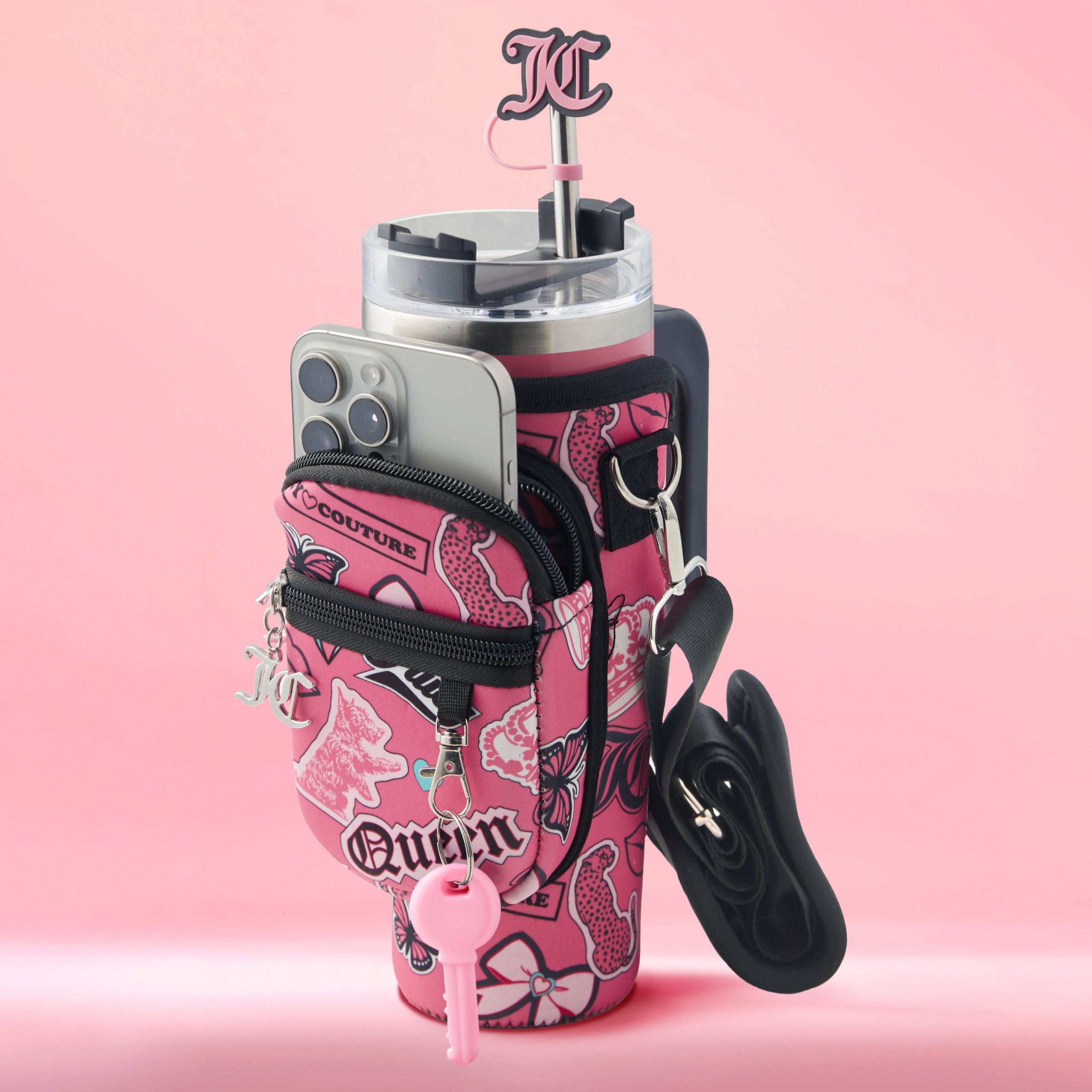 Jetsetter Hydration Stainless Steel Tumbler with Handle. Straw & Topper with Neoprene Crossbody Pouch