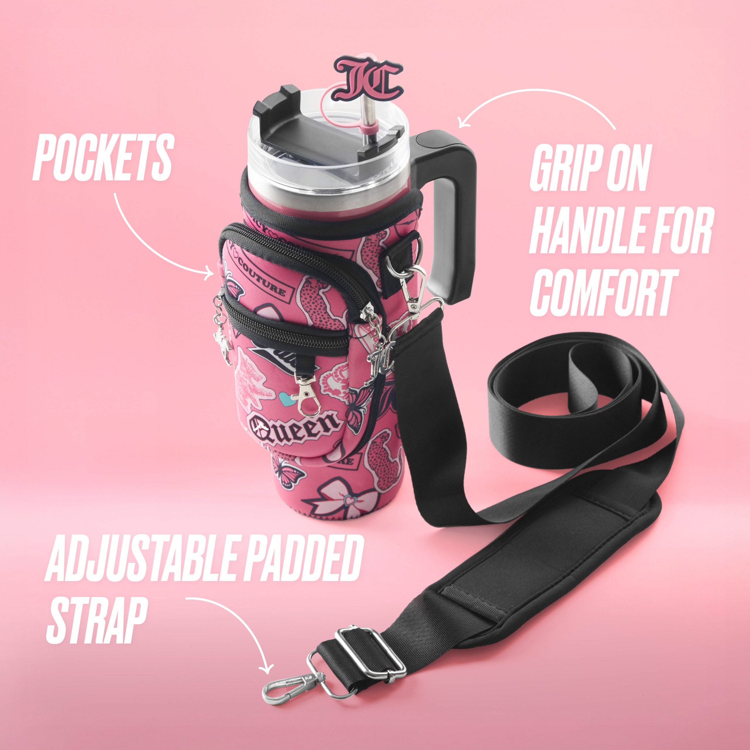 Jetsetter Hydration Stainless Steel Tumbler with Handle. Straw & Topper with Neoprene Crossbody Pouch - Image 3