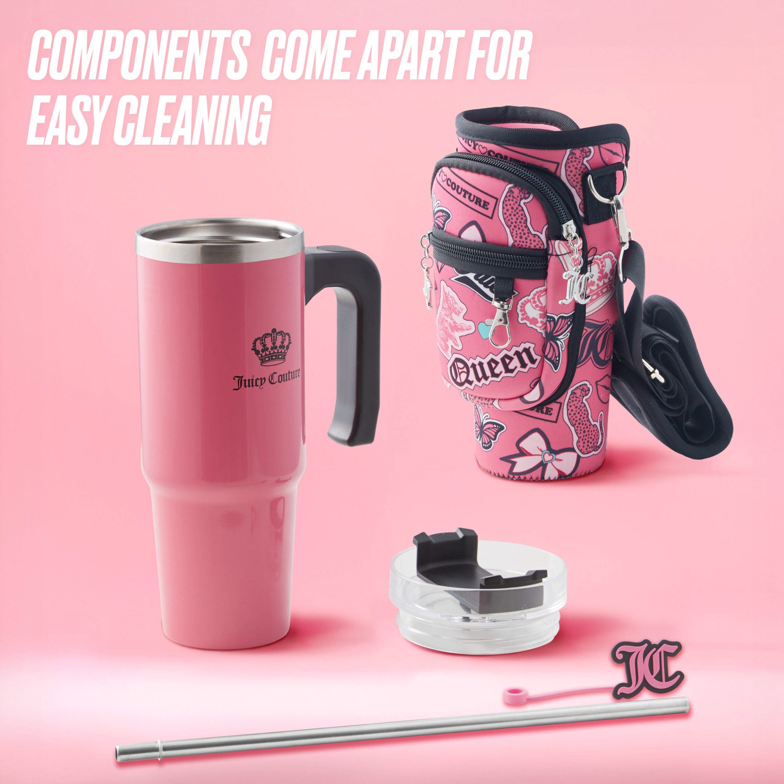 Jetsetter Hydration Stainless Steel Tumbler with Handle. Straw & Topper with Neoprene Crossbody Pouch - Image 4