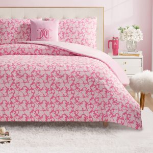 Solid Plush Reversible Cheetah Bows Comforter Set