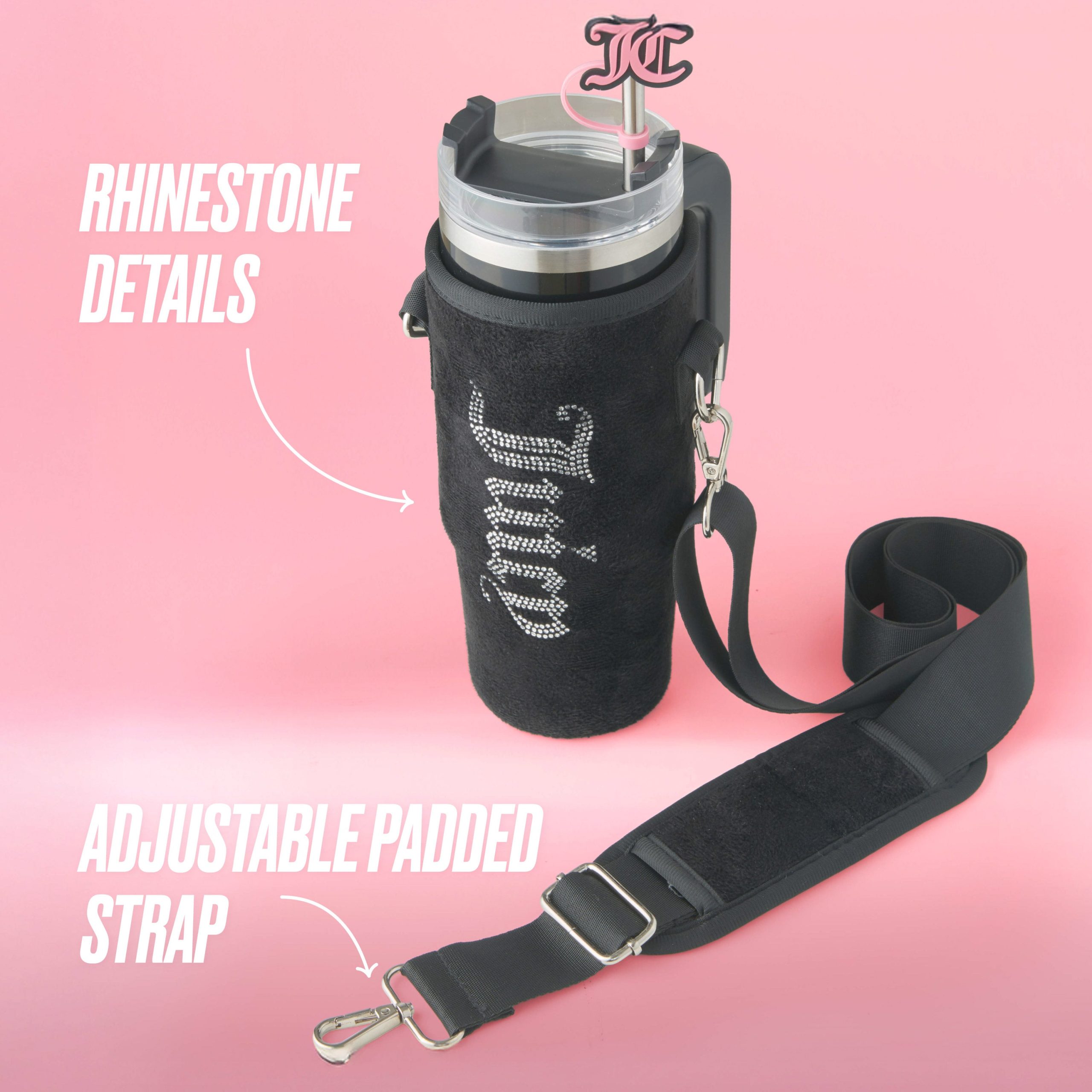 Jetsetter Hydration Stainless Steel Tumbler with Handle. Straw & Topper with Velour Crossbody Pouch - Image 3