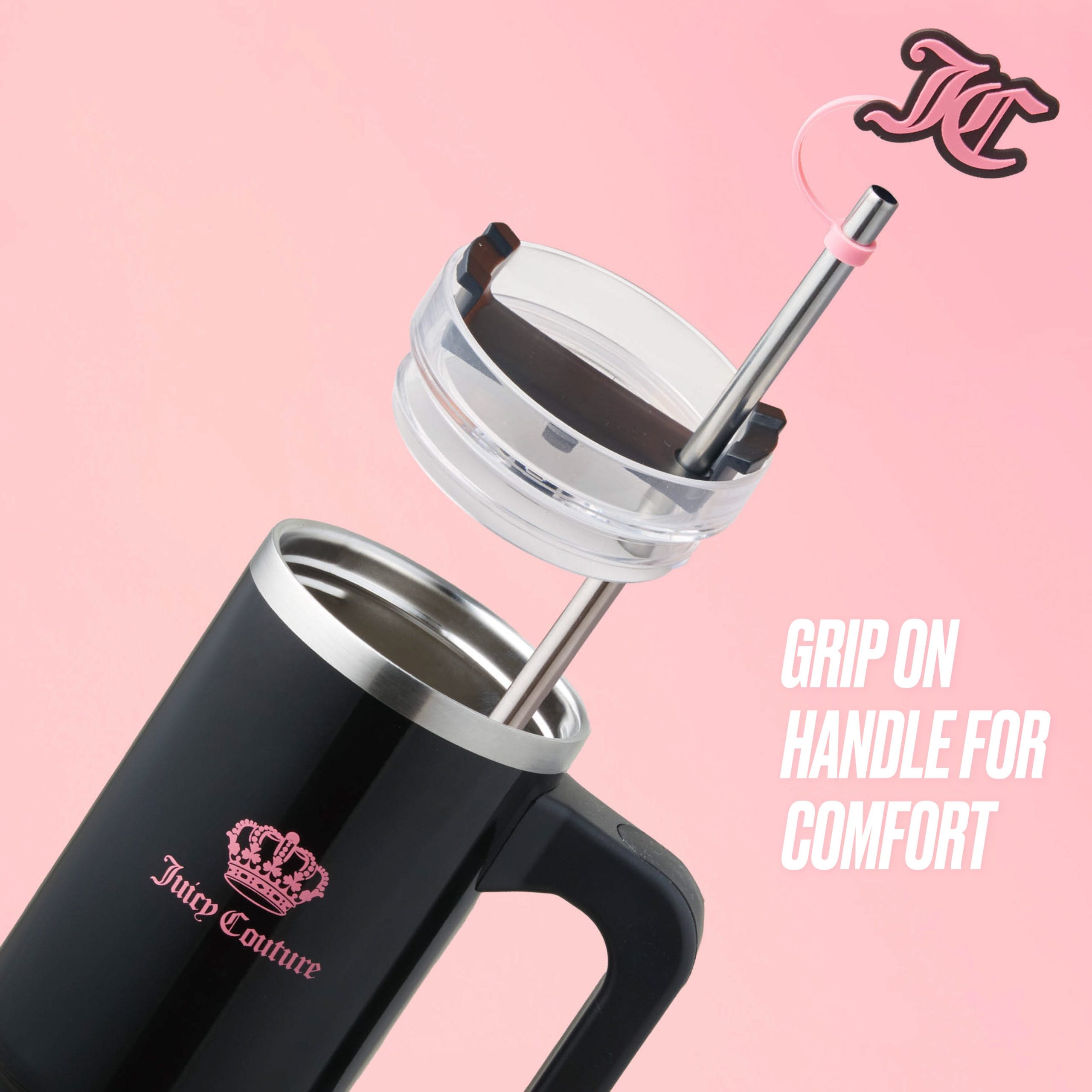 Jetsetter Hydration Stainless Steel Tumbler with Handle. Straw & Topper with Velour Crossbody Pouch - Image 4