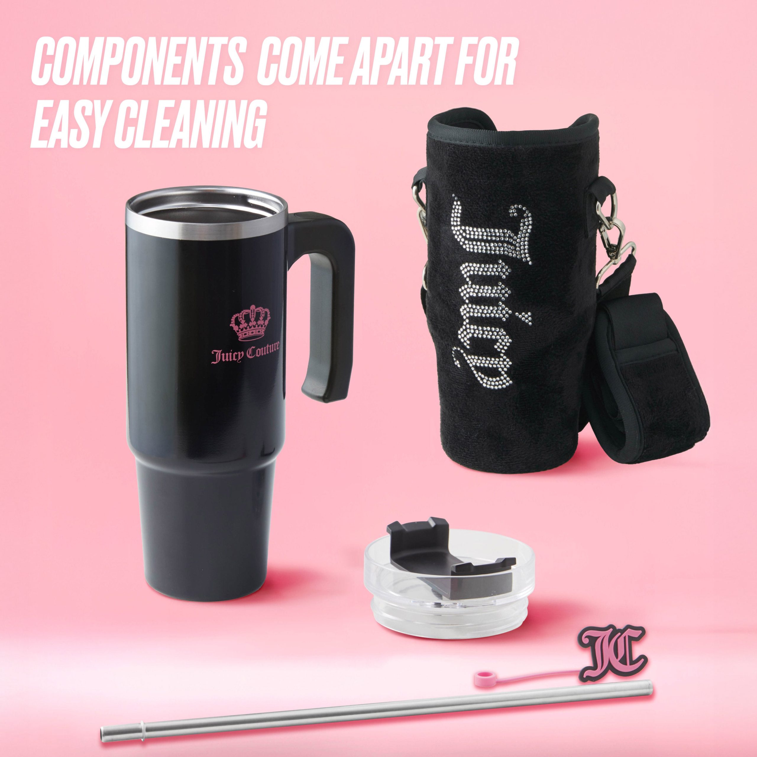 Jetsetter Hydration Stainless Steel Tumbler with Handle. Straw & Topper with Velour Crossbody Pouch - Image 5