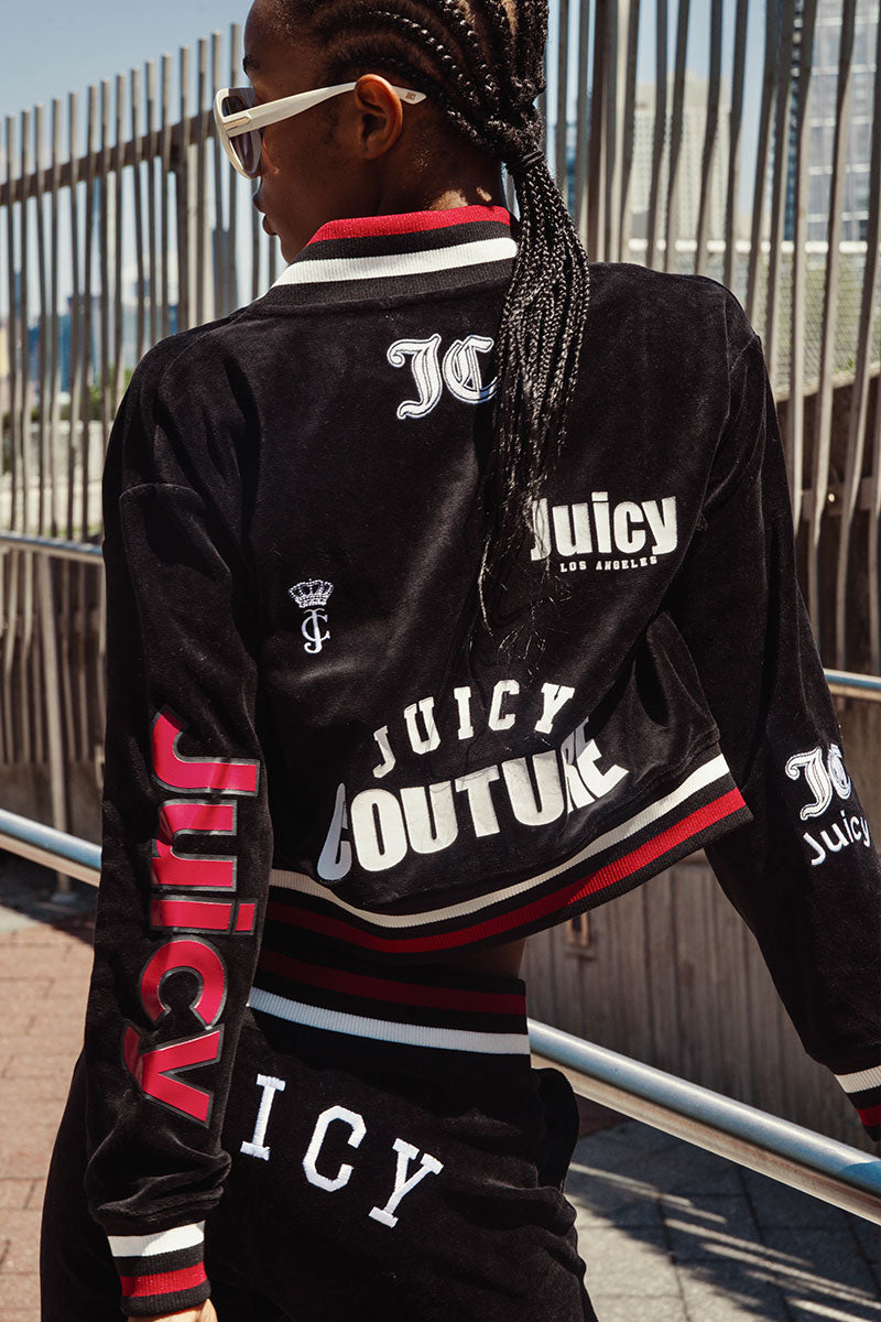 Mixed Logo Cotton Velour Bomber Jacket
